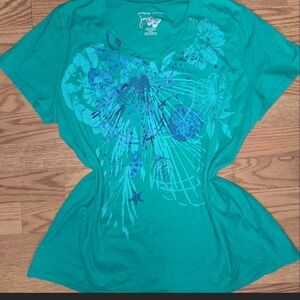 Source Unknown Teal V-Neck Floral & Sea Graphic Tee
